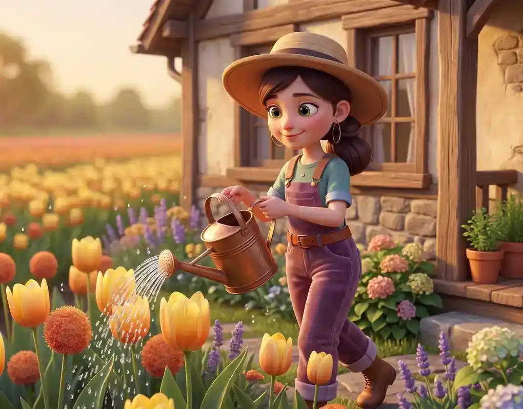 Illustration of a gardener watering tulips in front of a cosy farmhouse, representing the tiffanyjewelleryukonline team