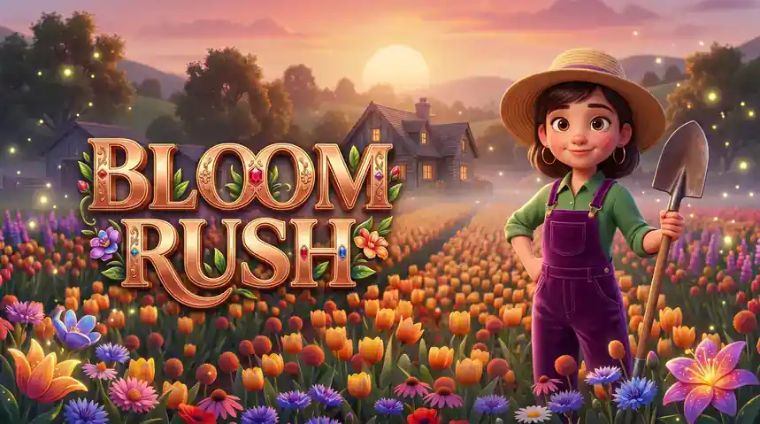 Bloom Rush illustration: a farmer character standing in a sunlit tulip field with the Bloom Rush game logo